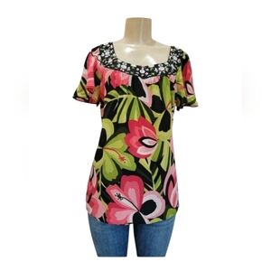 Nanette Lepore 100% Silk Embellished Blouse Multicolor Sz 2
